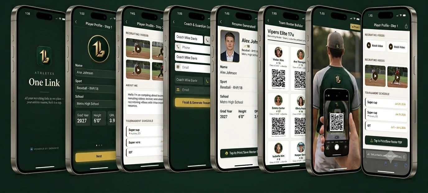 The Athletes One Link journey: build a player profile, add videos and coach contacts, generate the résumé, assemble a team roster, and a coach scanning a QR code at the field