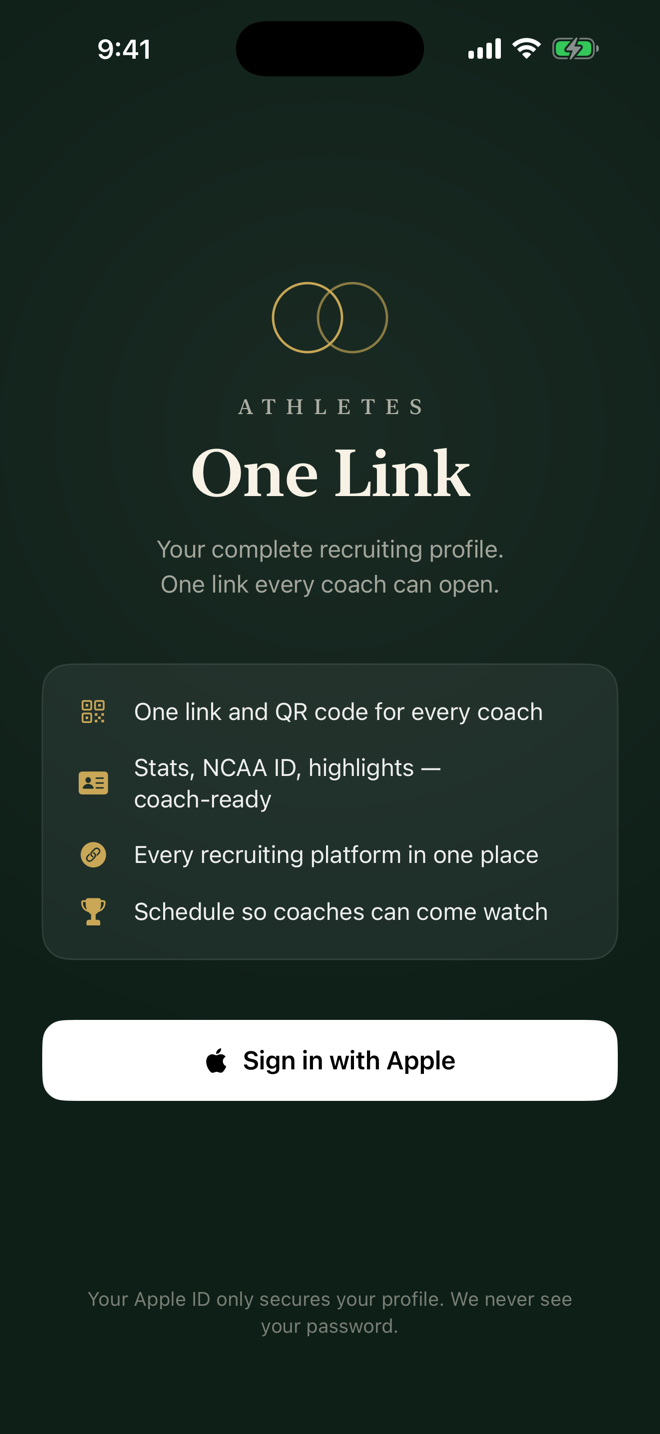 Athletes One Link sign-in screen — one tap with Apple