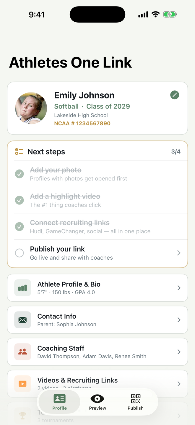 The Athletes One Link app — guided profile builder with next-steps checklist