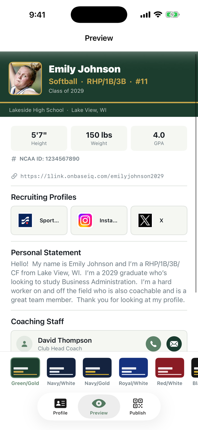 A published Athletes One Link profile page with template color choices